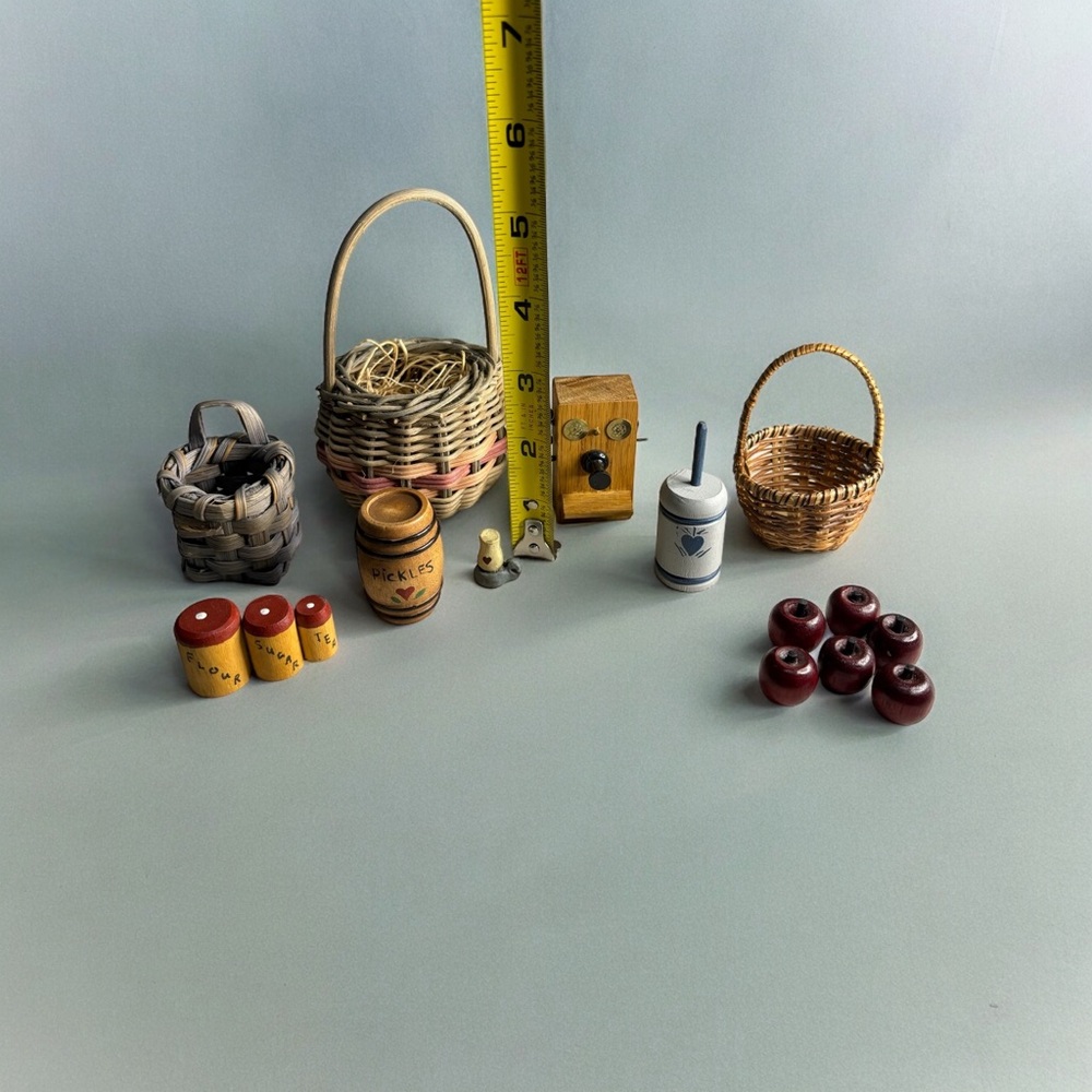 14 Piece Miniature Mini Wooden Set 3 Baskets 3 Kitchen Canisters Pickle Barrel